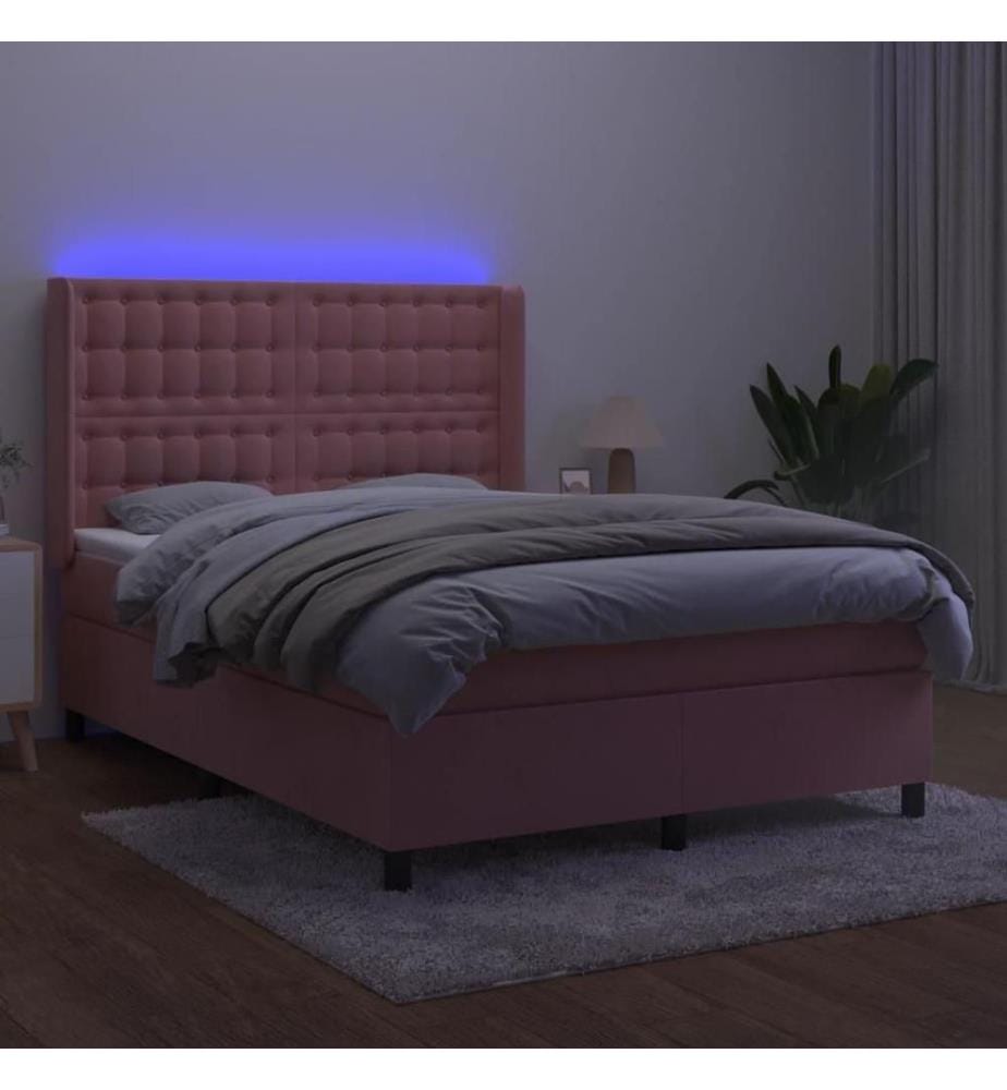 Boxspringbett mit Matratze & LED Rosa 140x190 cm Samt