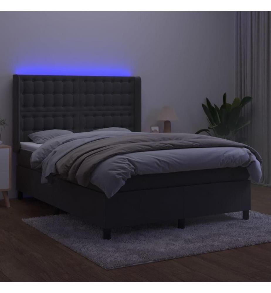 Sommier tapissier matelas et LED Gris foncé 140x200 cm Velours