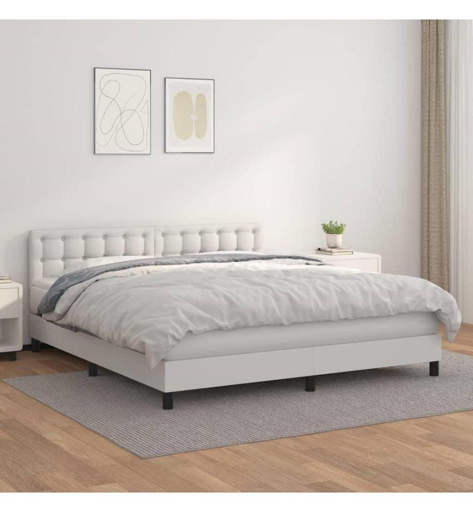 Boxspringbett mit Matratze Weiss 160x200 cm Kunstleder