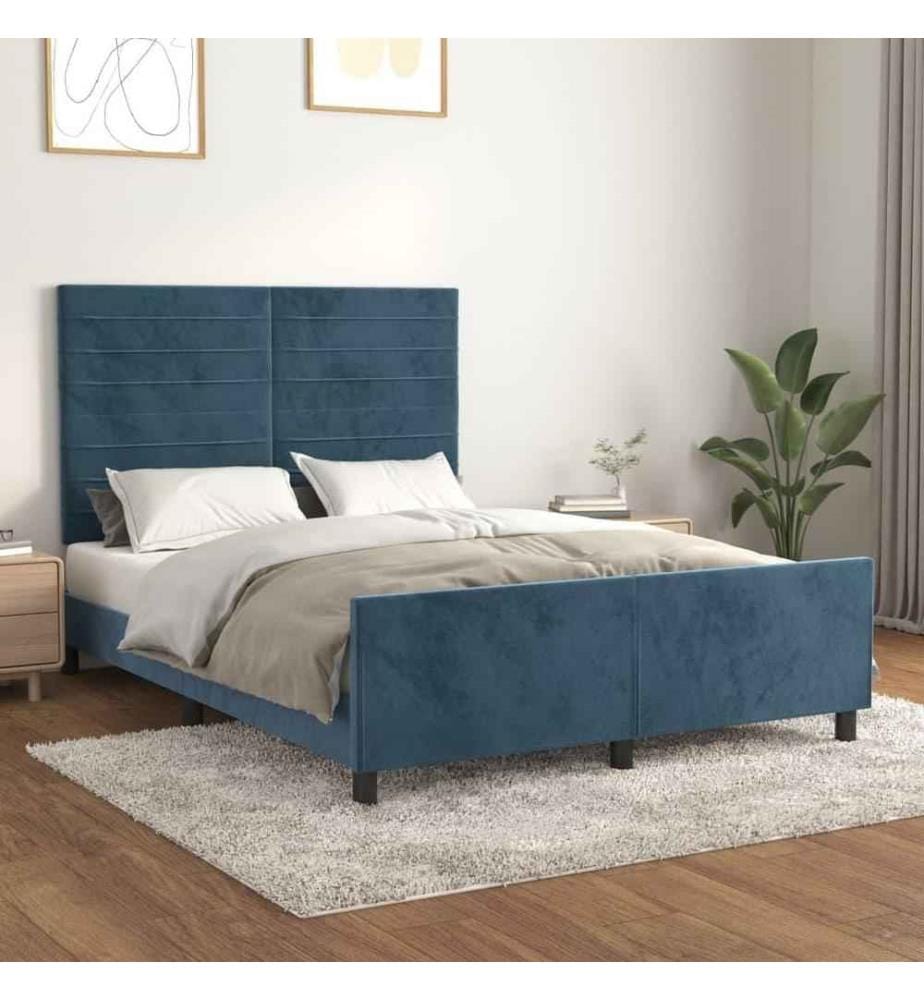 Cadre de lit avec tête de lit Bleu foncé 140x200 cm Velours