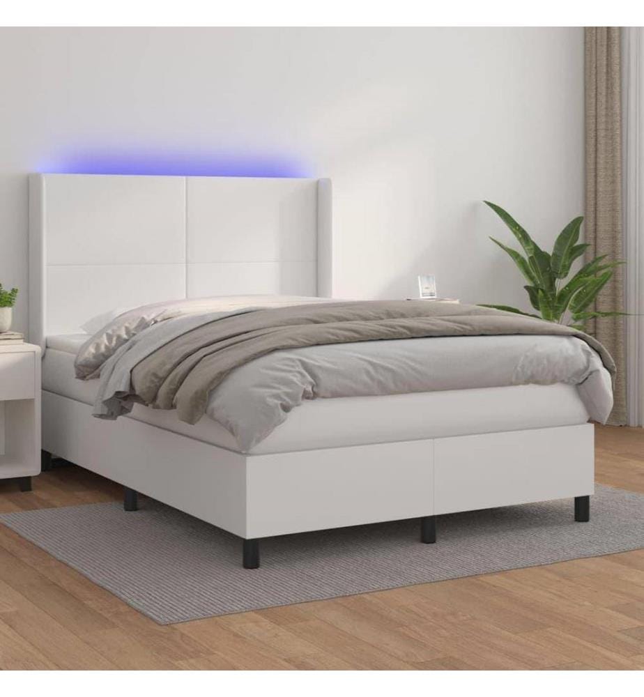 Boxspringbett mit Matratze & LED Weiss 140x200 cm Kunstleder
