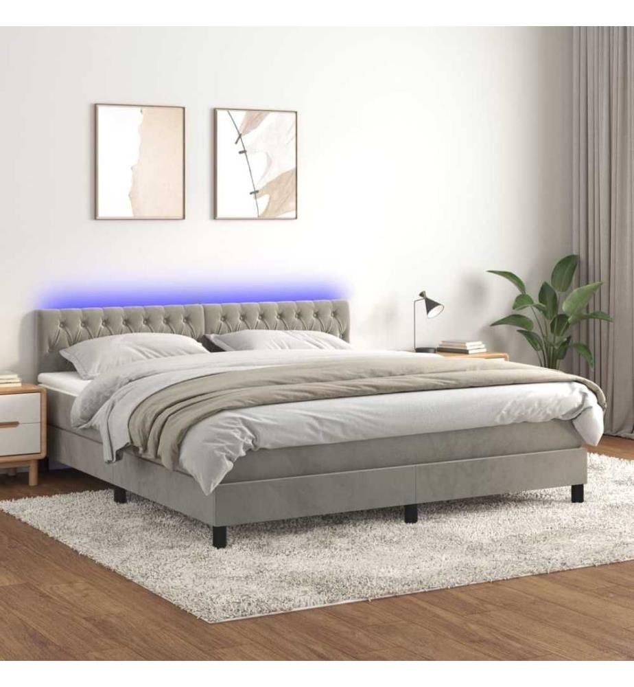 Sommier tapissier matelas et LED Gris clair 160x200 cm Velours