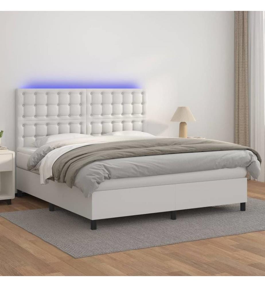 Boxspringbett mit Matratze & LED Weiss 160x200 cm Kunstleder