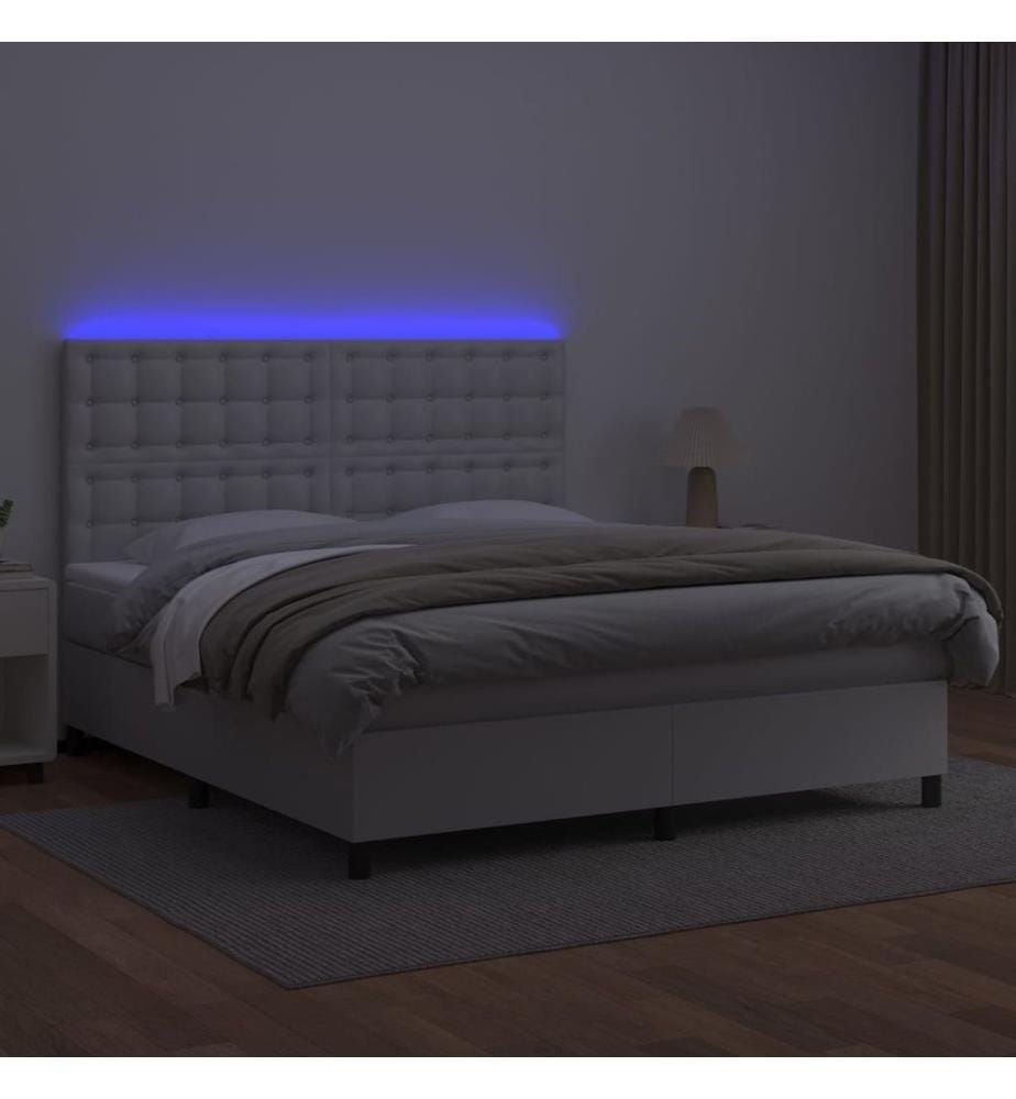 Boxspringbett mit Matratze & LED Weiss 160x200 cm Kunstleder