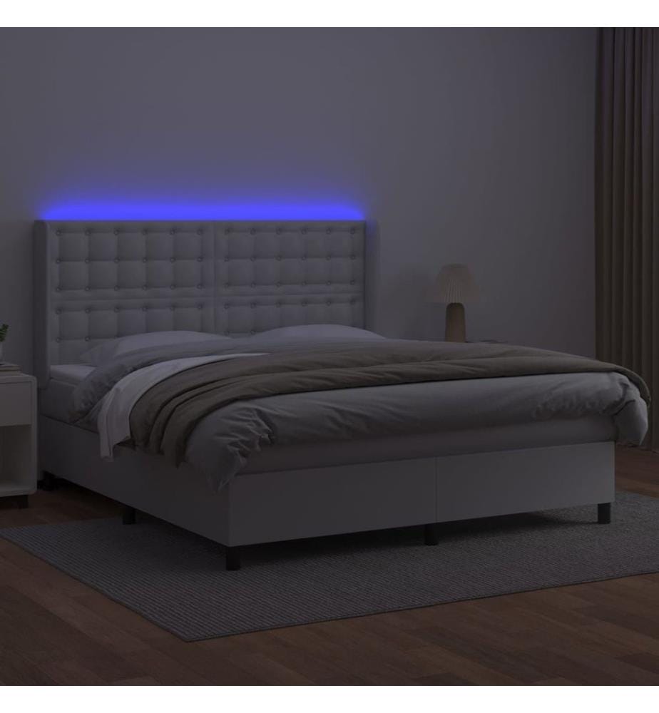Boxspringbett mit Matratze & LED Weiss 160x200 cm Kunstleder