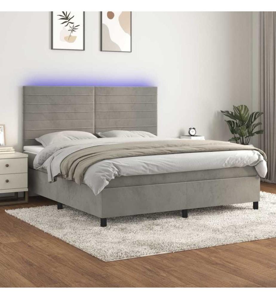 Sommier tapissier matelas et LED Gris clair 180x200 cm Velours