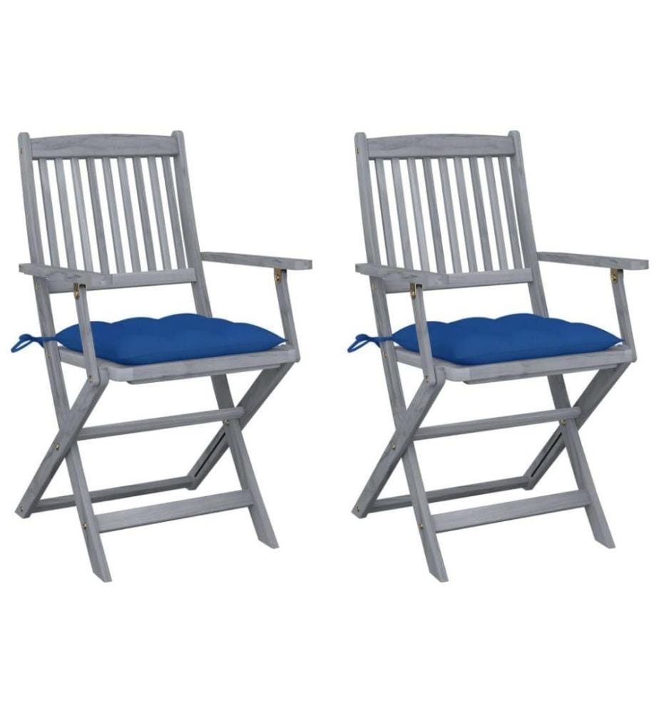 Chaises pliables d'extérieur 2 pcs avec coussins Bois d'acacia