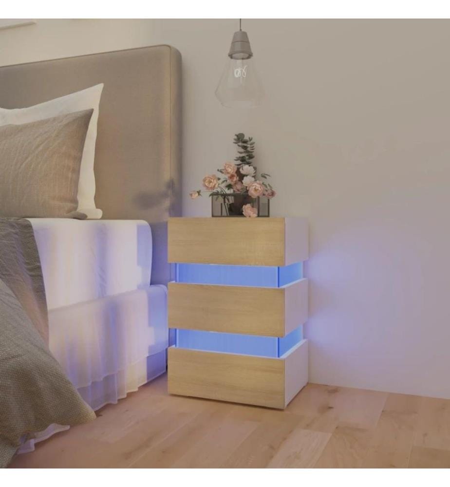 Table de chevet LED Blanc et chêne sonoma 45x35x67 cm Aggloméré