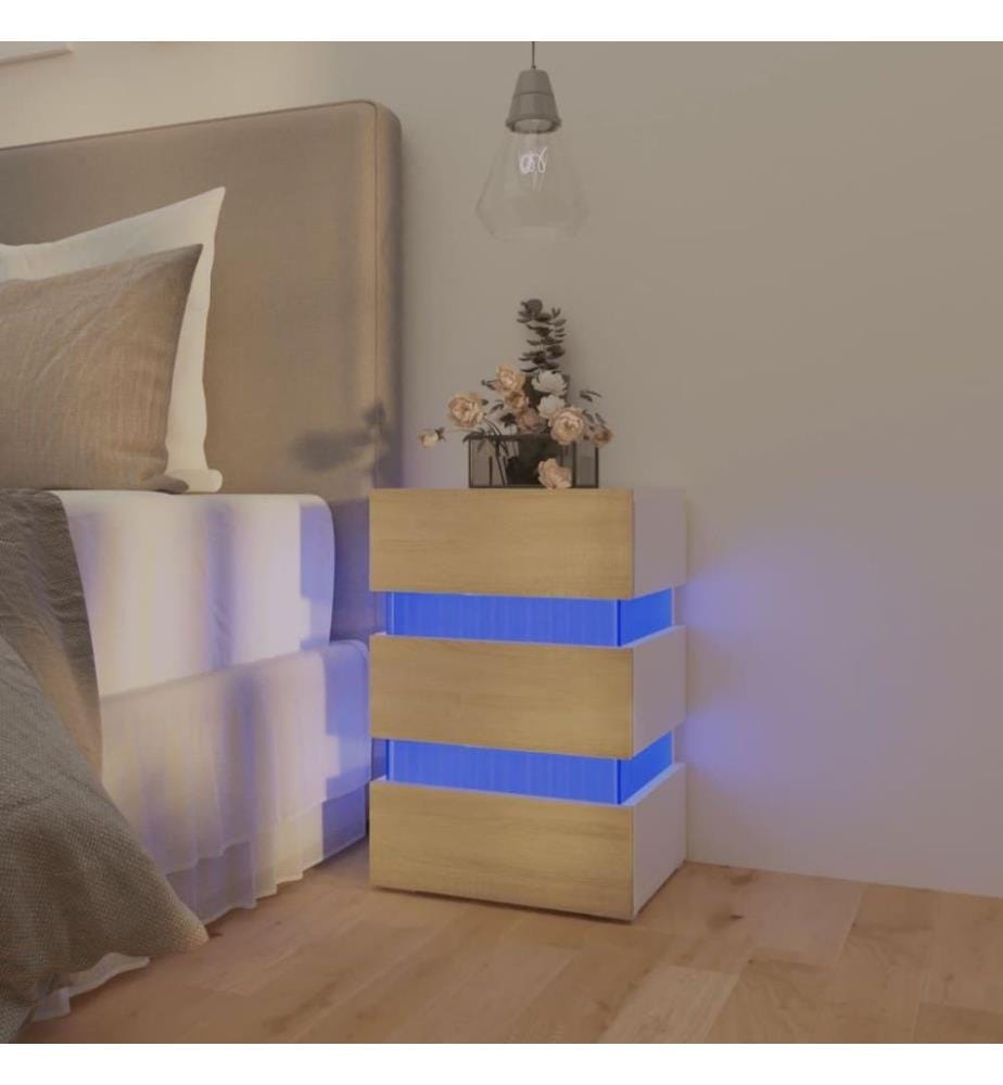 Table de chevet LED Blanc et chêne sonoma 45x35x67 cm Aggloméré
