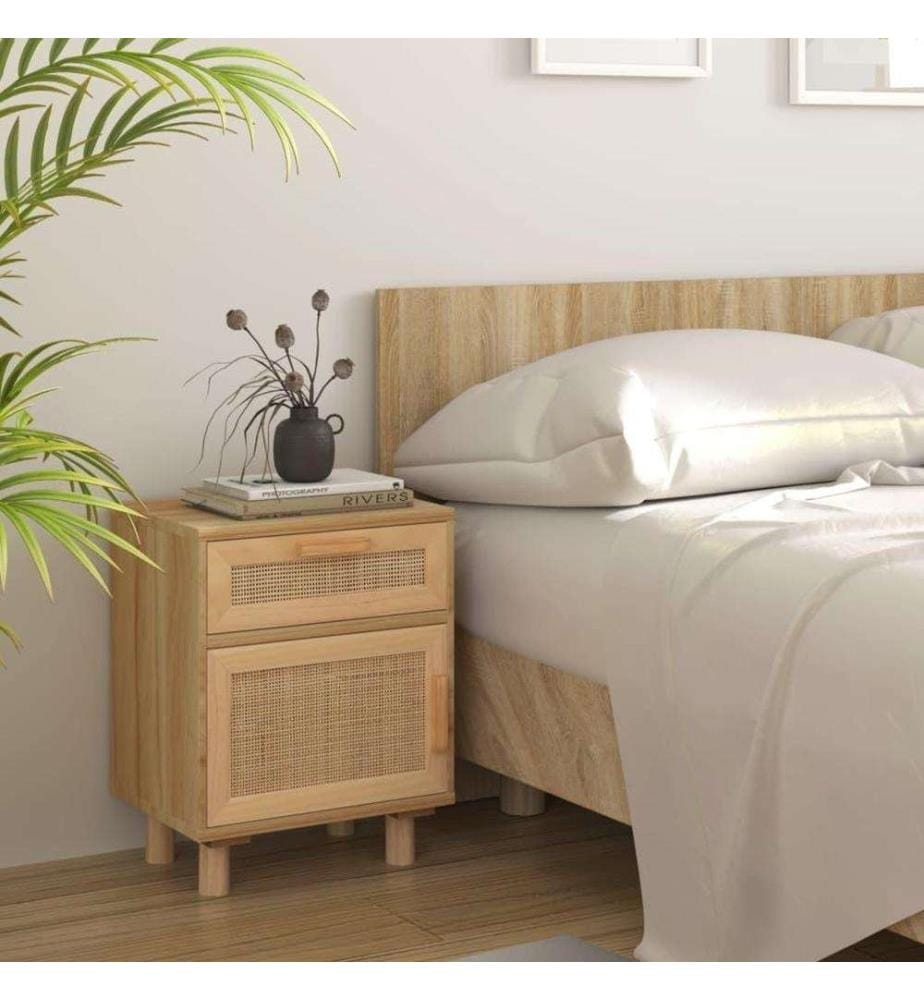 Nachttisch Braun Massivholz Kiefer und Natur-Rattan