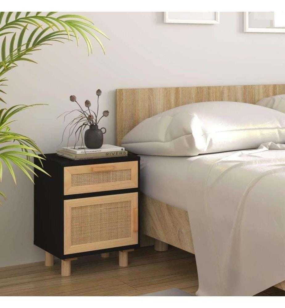 Nachttisch Schwarz Massivholz Kiefer und Natur-Rattan