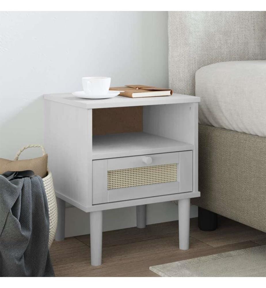 Table de chevet SENJA aspect de rotin blanc bois de pin massif