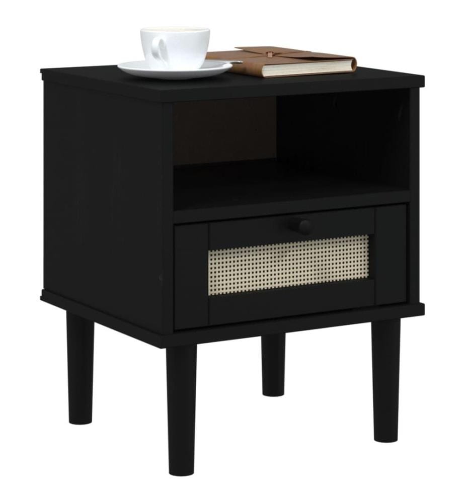Nachttisch SENJA Rattan-Look Schwarz 40x35x48 Massivholz Kiefer