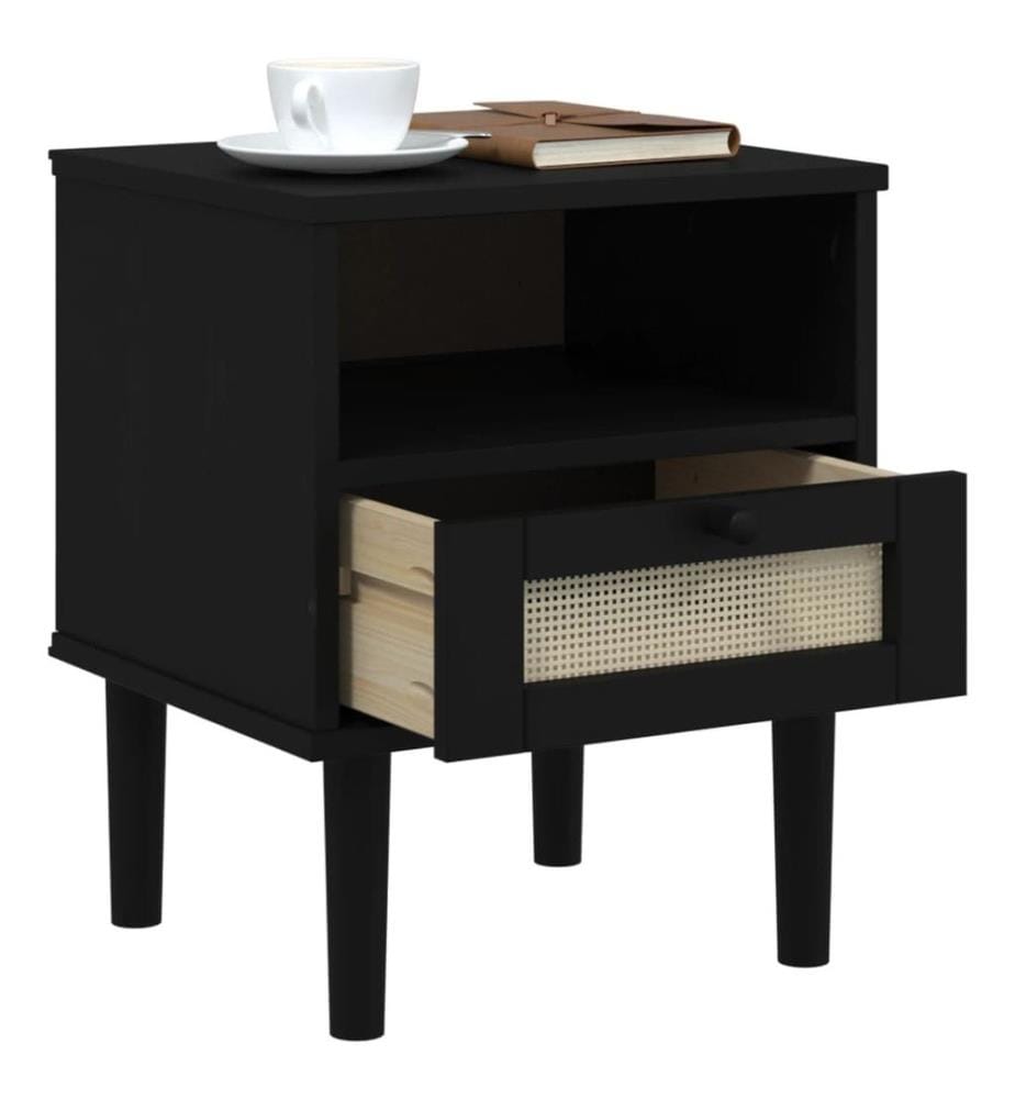 Nachttisch SENJA Rattan-Look Schwarz 40x35x48 Massivholz Kiefer