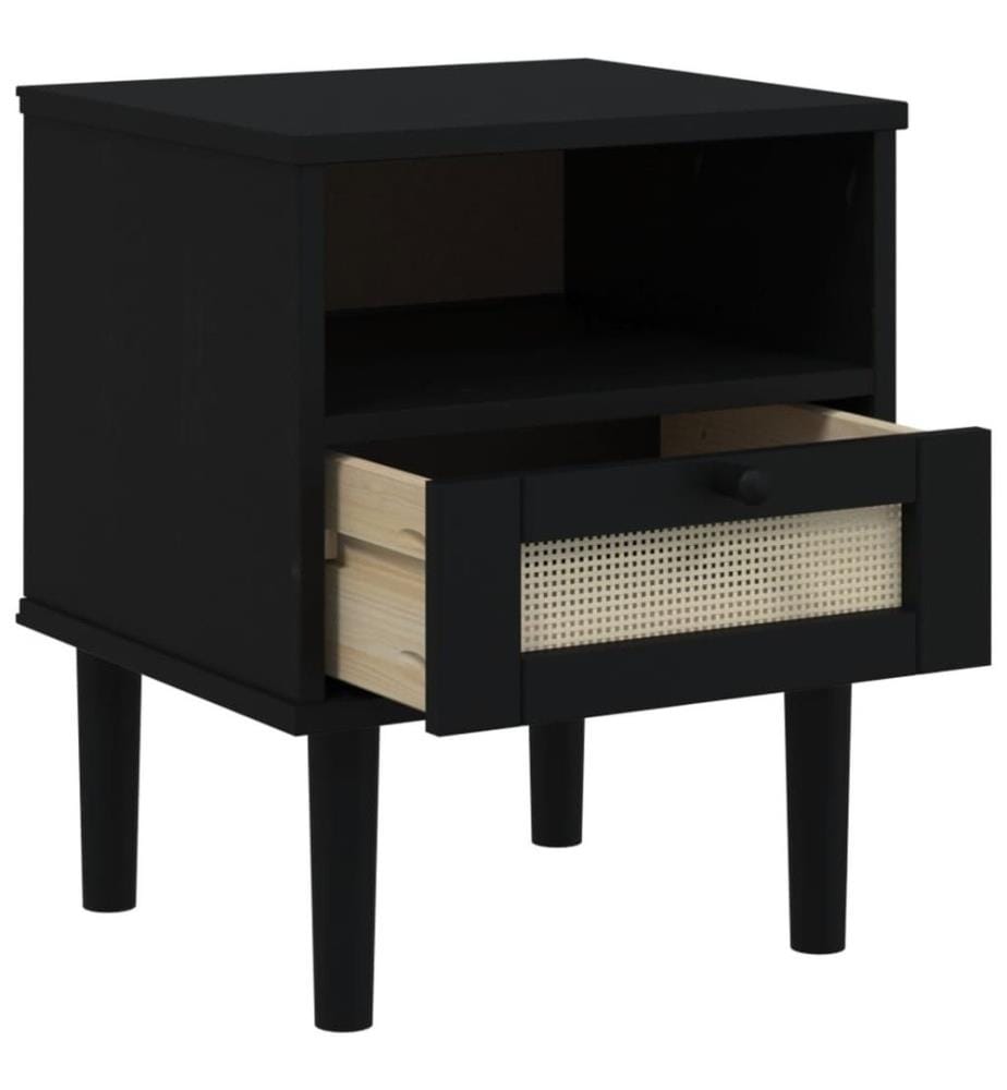Nachttisch SENJA Rattan-Look Schwarz 40x35x48 Massivholz Kiefer