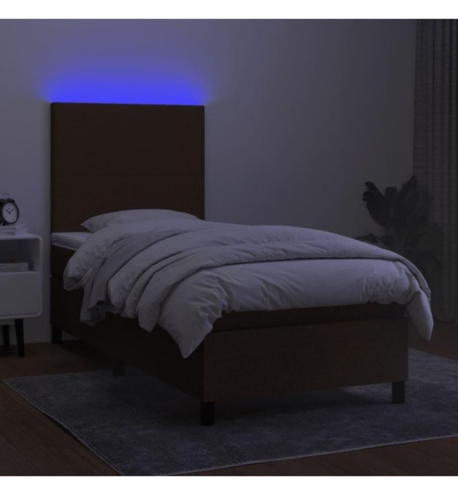 Sommier tapissier et matelas et LED Marron foncé 80x200cm Tissu