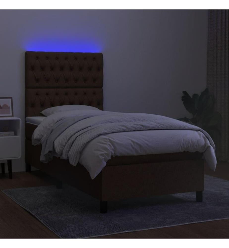 Sommier tapissier et matelas et LED Marron foncé 80x200cm Tissu