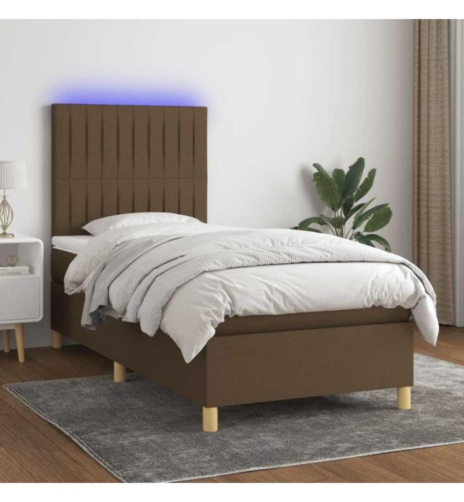 Sommier tapissier et matelas et LED Marron foncé 80x200cm Tissu