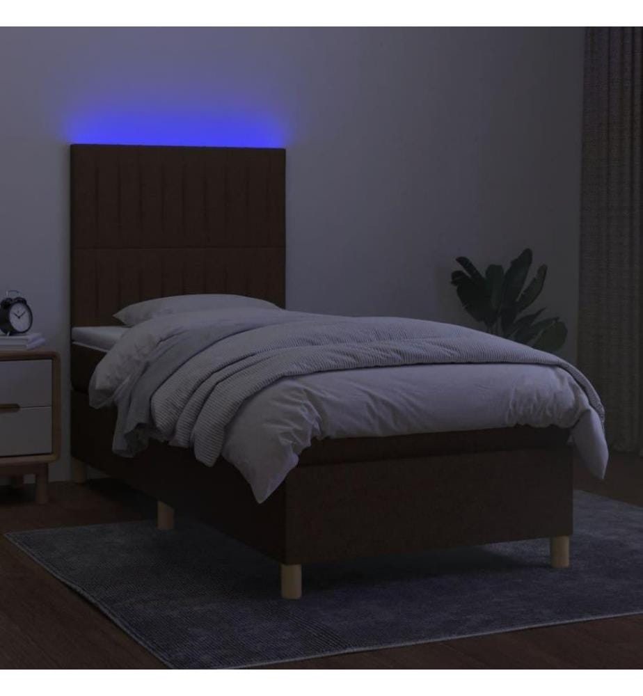 Sommier tapissier et matelas et LED Marron foncé 80x200cm Tissu