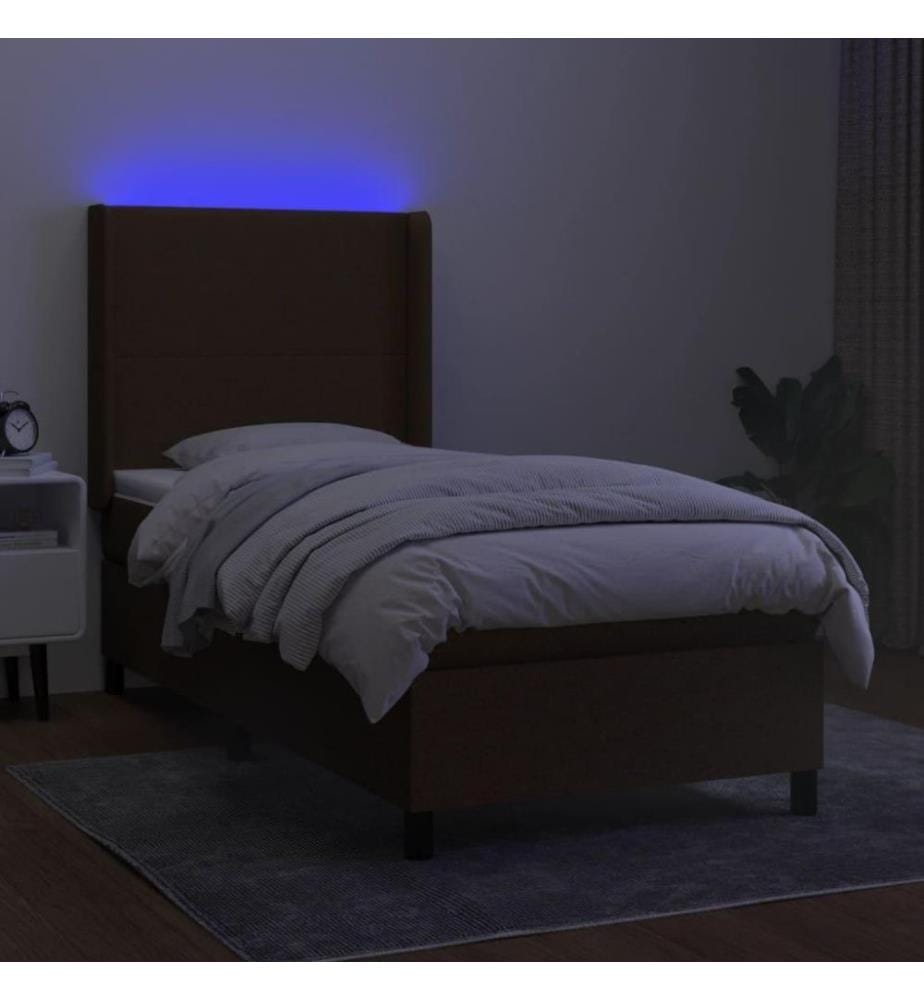 Sommier tapissier et matelas et LED Marron foncé 80x200cm Tissu