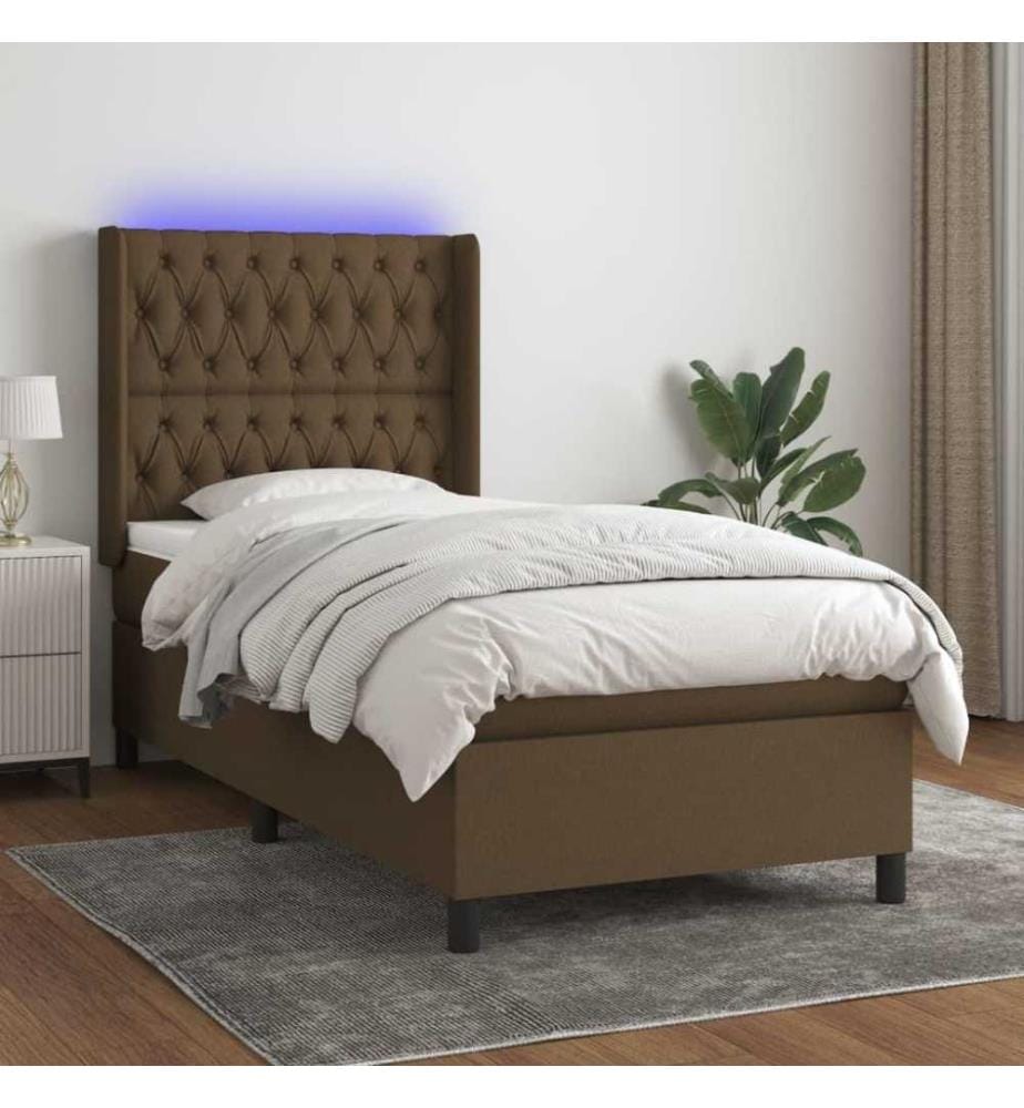 Sommier tapissier et matelas et LED Marron foncé 80x200cm Tissu