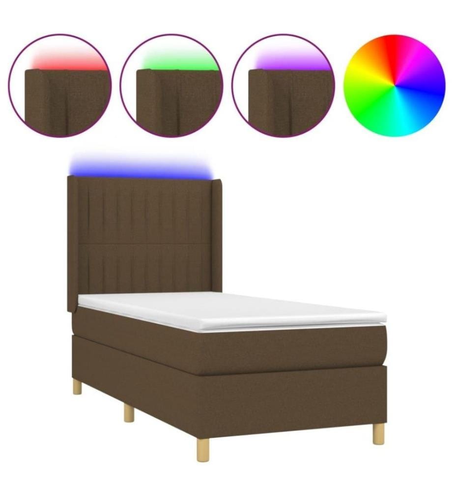 Sommier tapissier et matelas et LED Marron foncé 80x200cm Tissu