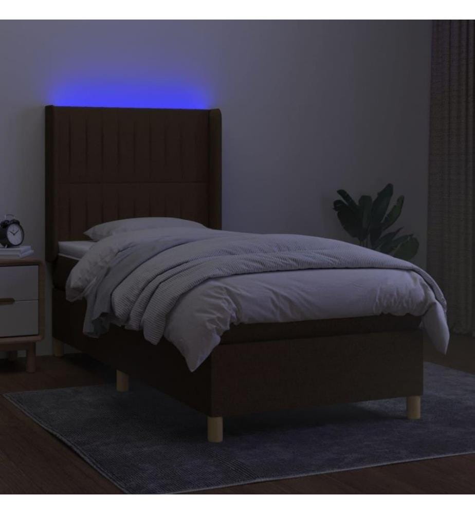 Sommier tapissier et matelas et LED Marron foncé 80x200cm Tissu