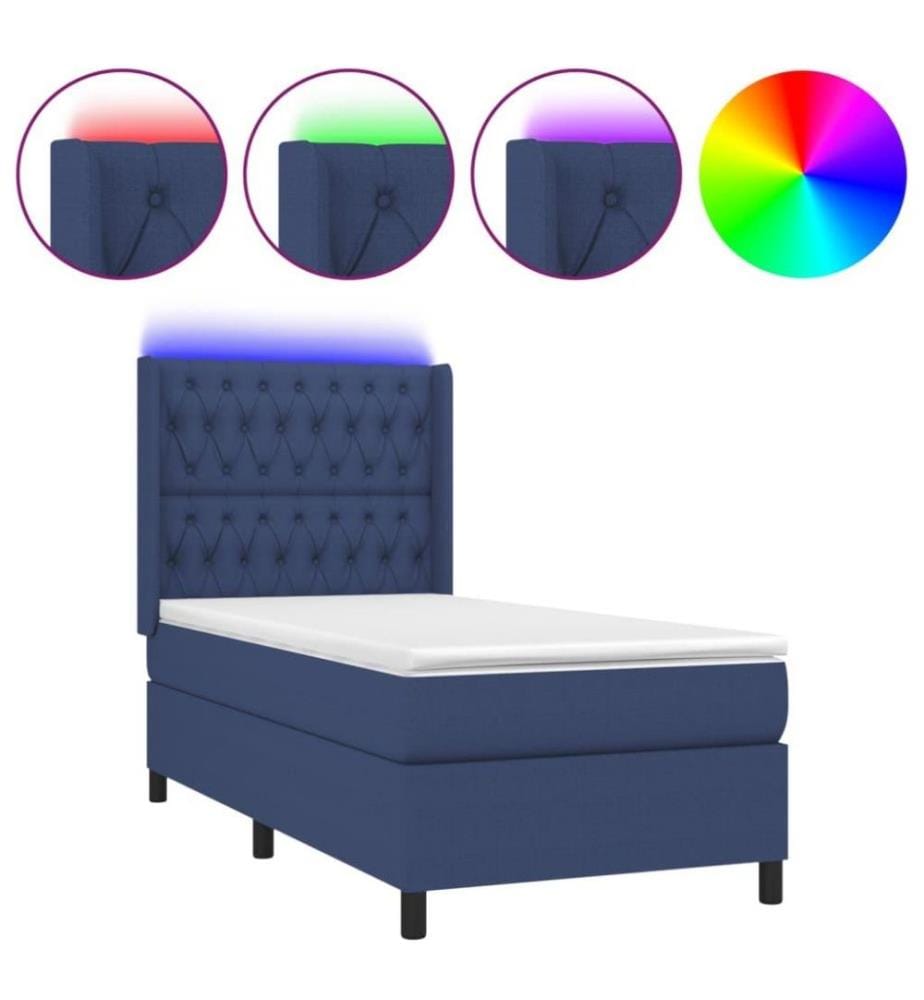 Sommier tapissier avec matelas et LED Bleu 80x200cm Tissu
