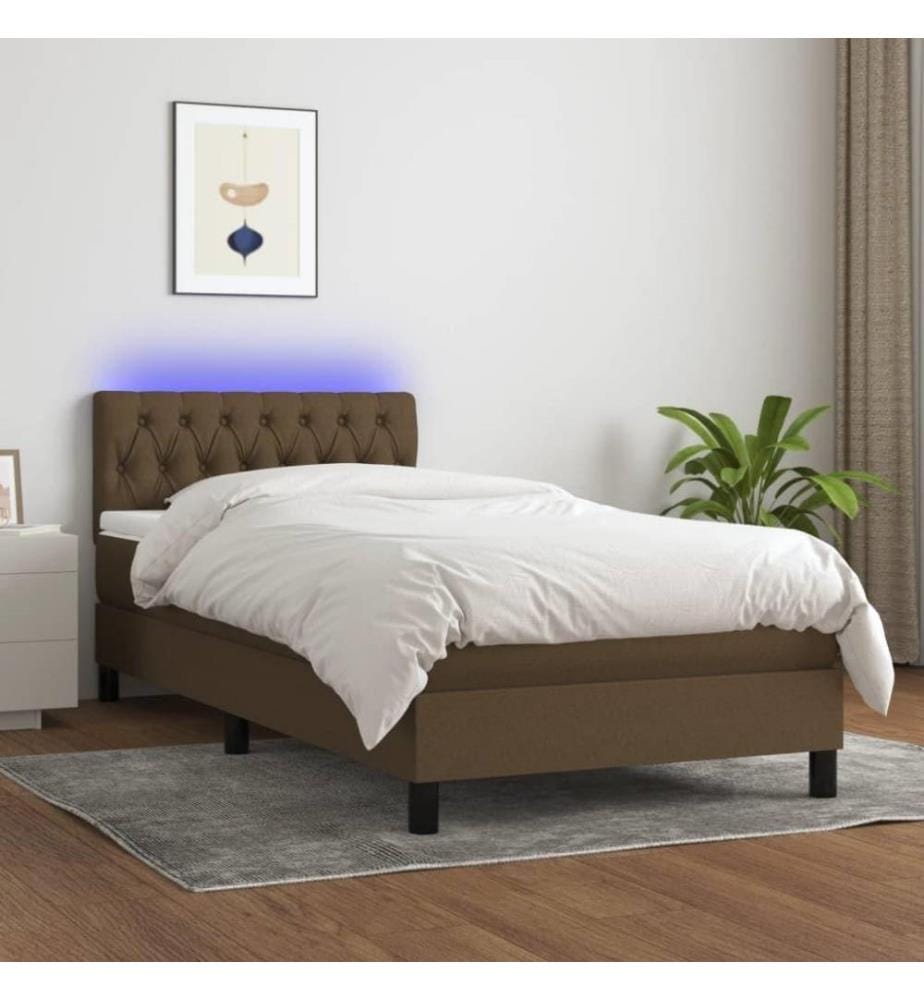 Sommier tapissier et matelas et LED Marron foncé 90x200cm Tissu
