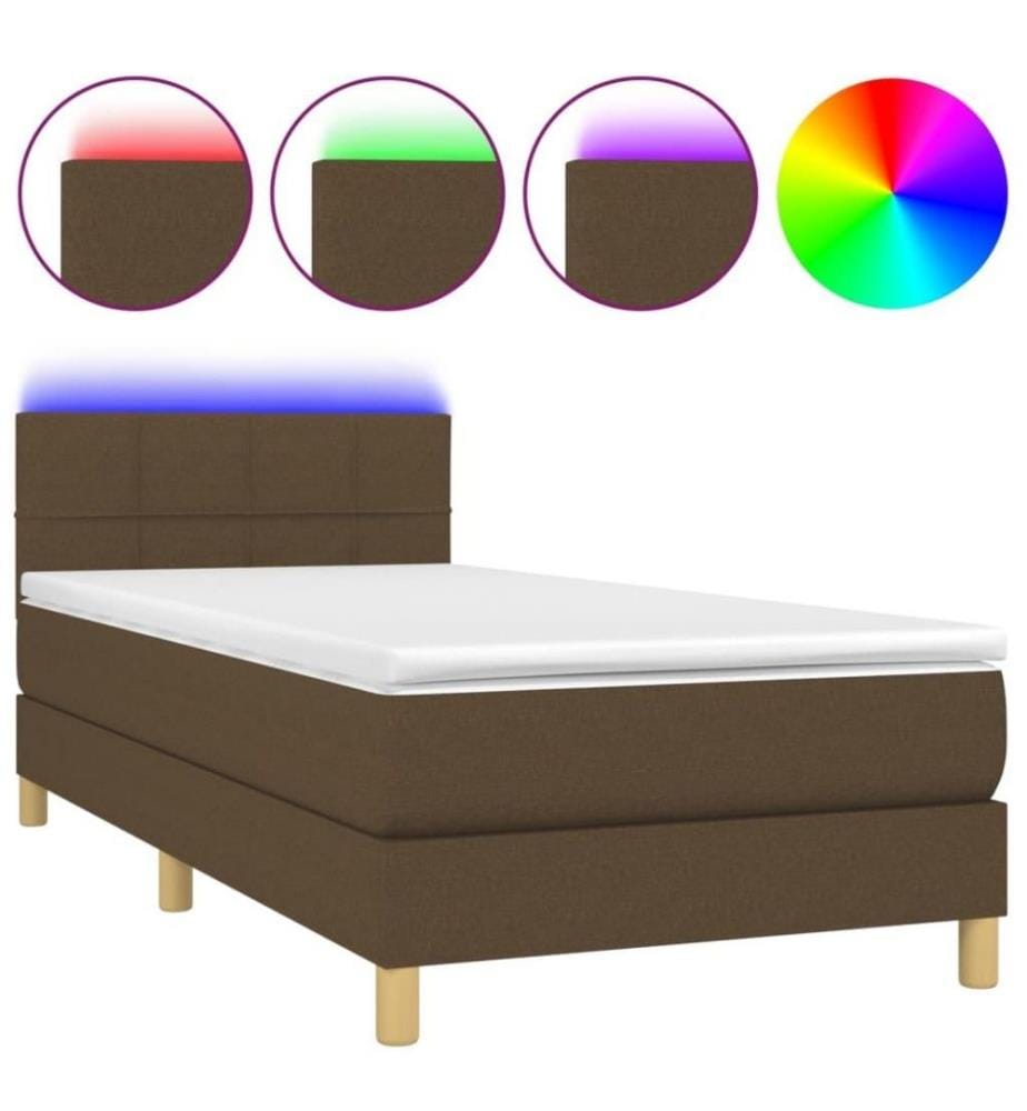 Sommier tapissier et matelas et LED Marron foncé 90x200cm Tissu