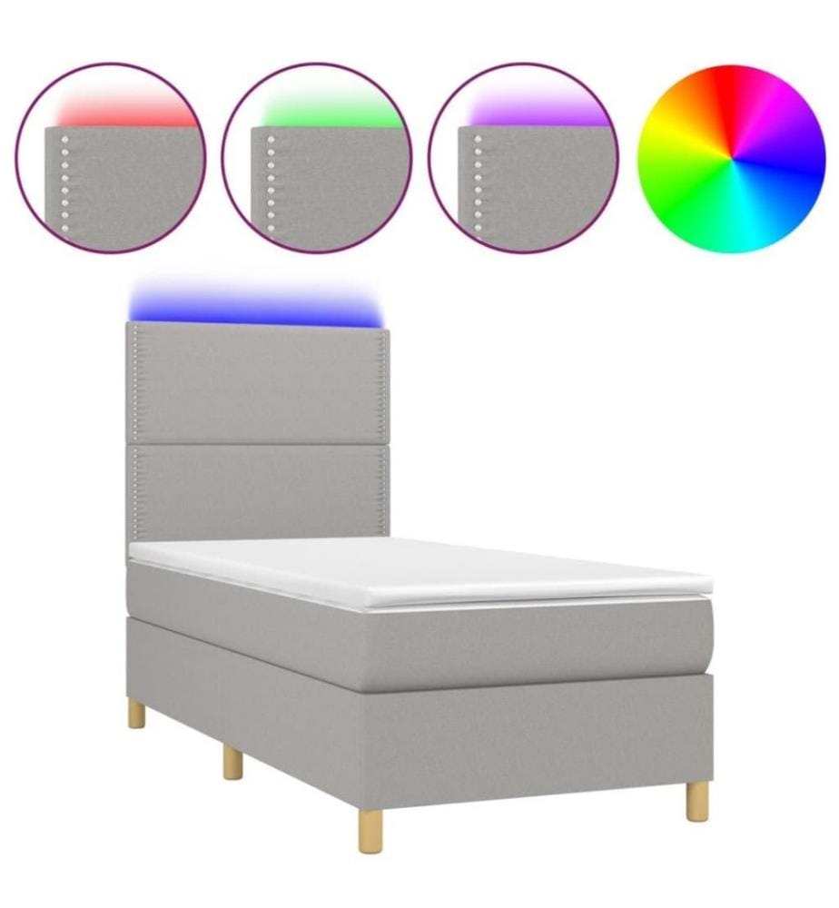 Sommier tapissier avec matelas et LED Gris clair 90x200cm Tissu