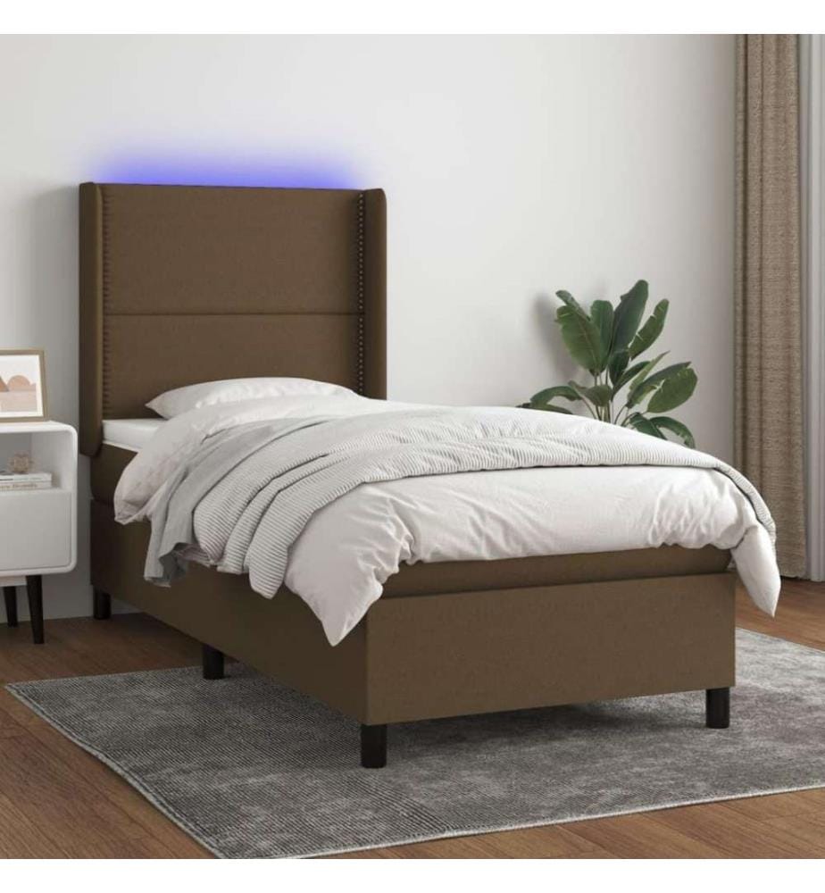 Sommier tapissier et matelas et LED Marron foncé 90x200cm Tissu