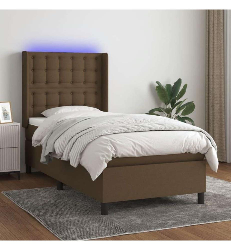 Sommier tapissier et matelas et LED Marron foncé 90x200cm Tissu