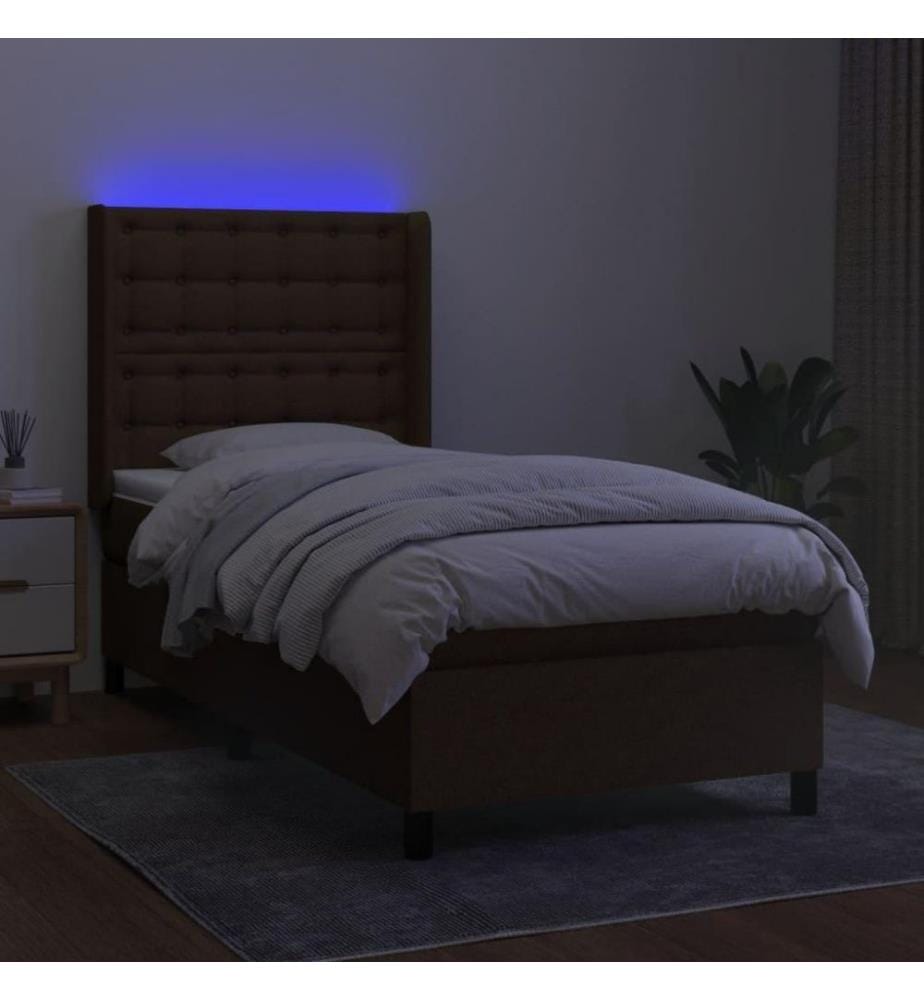 Sommier tapissier et matelas et LED Marron foncé 90x200cm Tissu