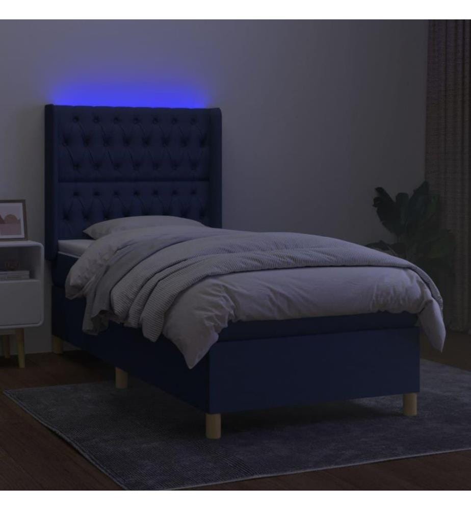Sommier tapissier avec matelas et LED Bleu 80x200cm Tissu