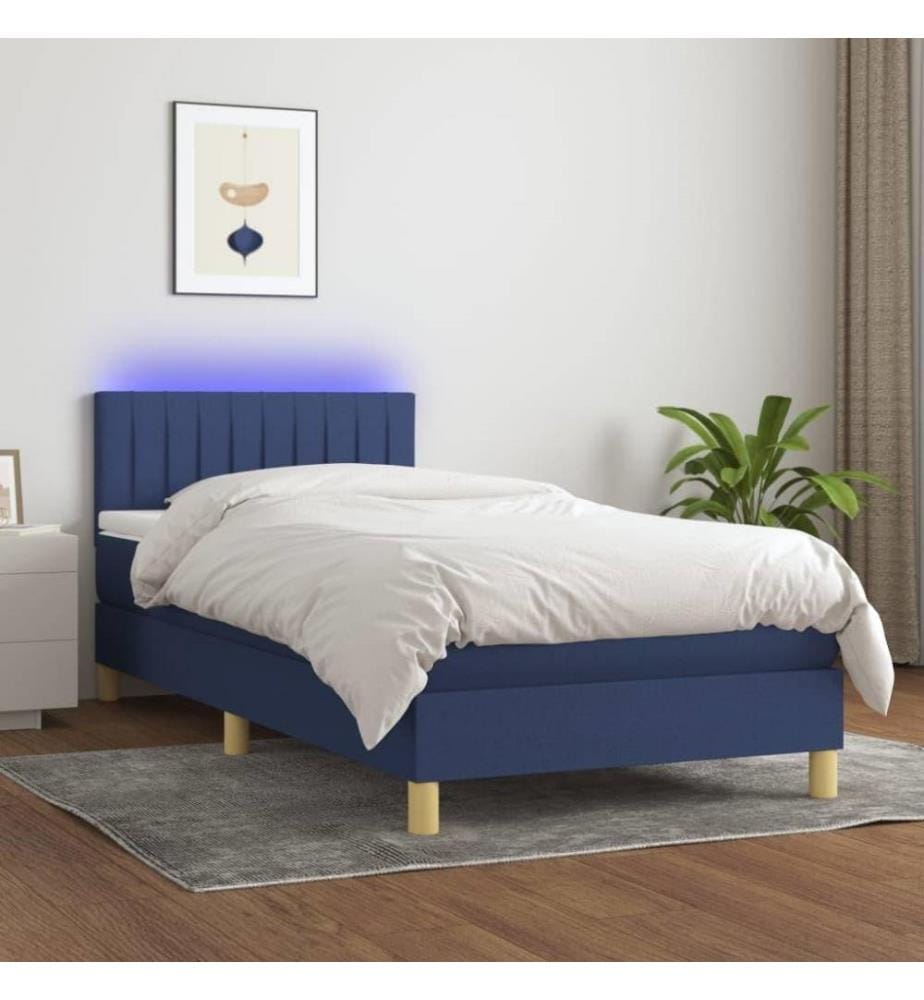 Sommier tapissier avec matelas et LED Bleu 90x190 cm Tissu