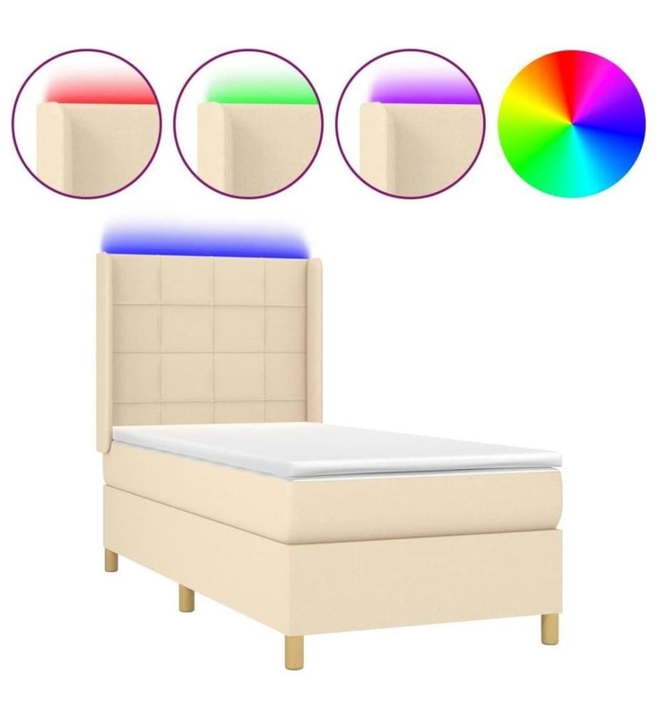 Sommier tapissier avec matelas et LED Crème 80x200cm Tissu