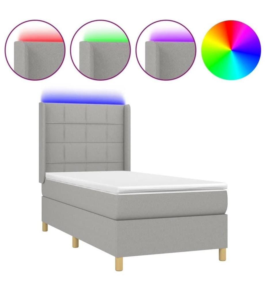 Sommier tapissier avec matelas et LED Gris clair 90x200cm Tissu