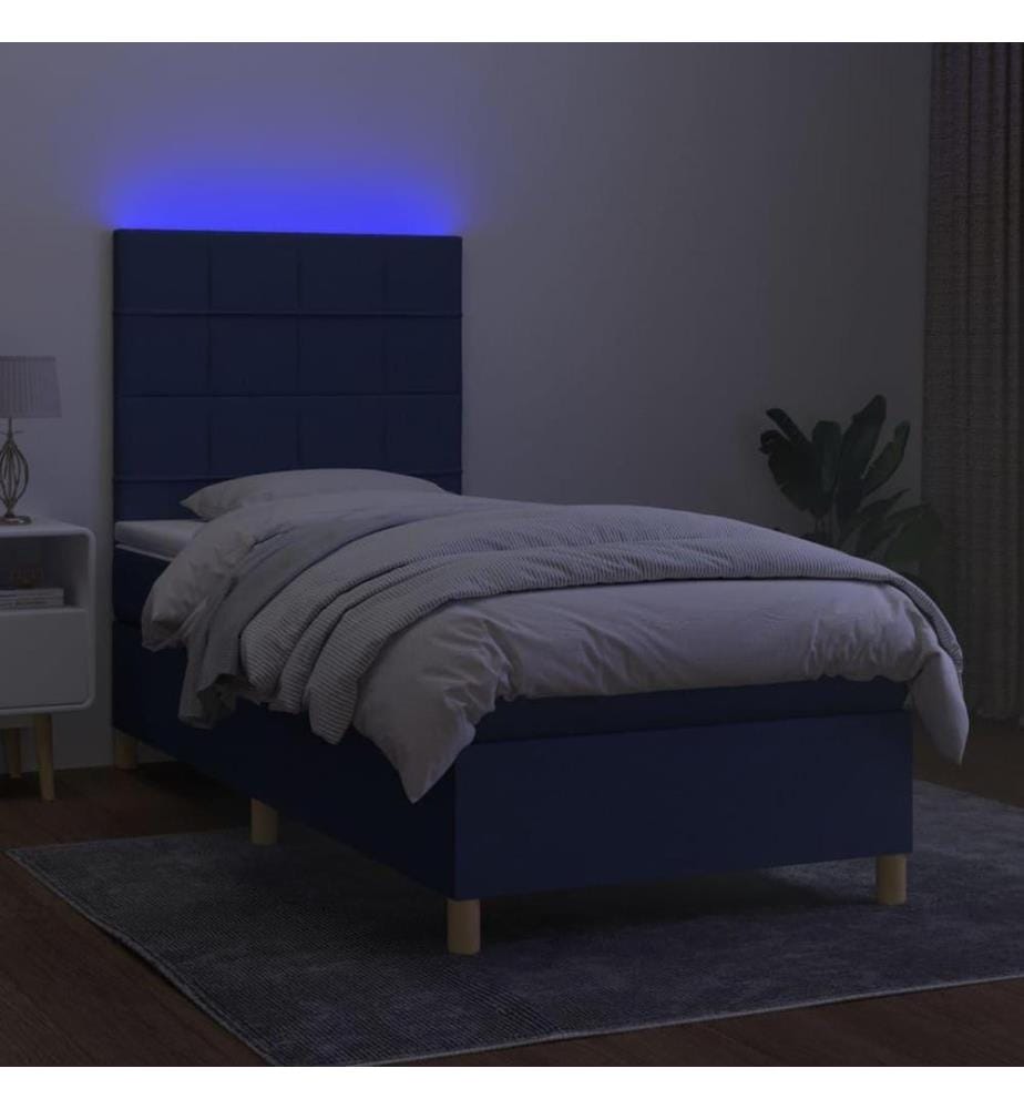 Sommier tapissier avec matelas et LED Bleu 90x200 cm Tissu
