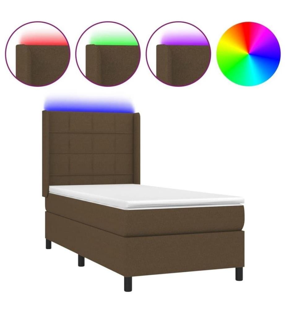 Sommier tapissier et matelas et LED Marron foncé 90x200cm Tissu