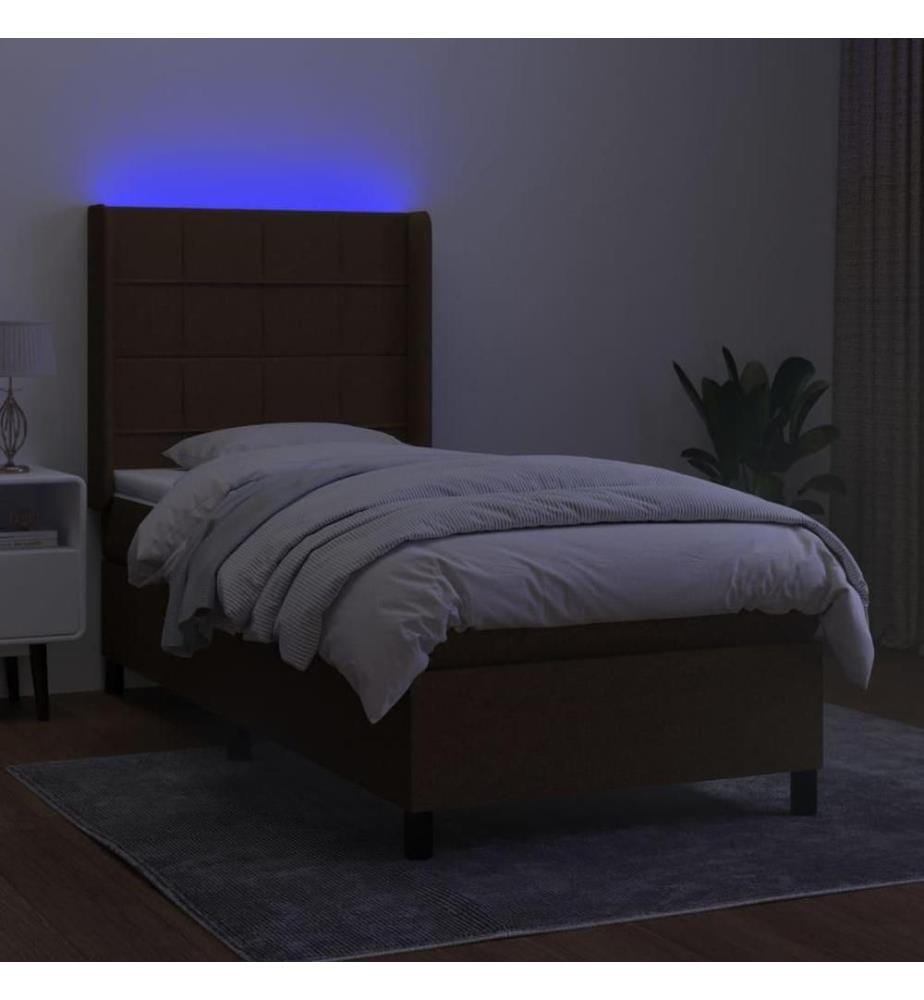 Sommier tapissier et matelas et LED Marron foncé 90x200cm Tissu