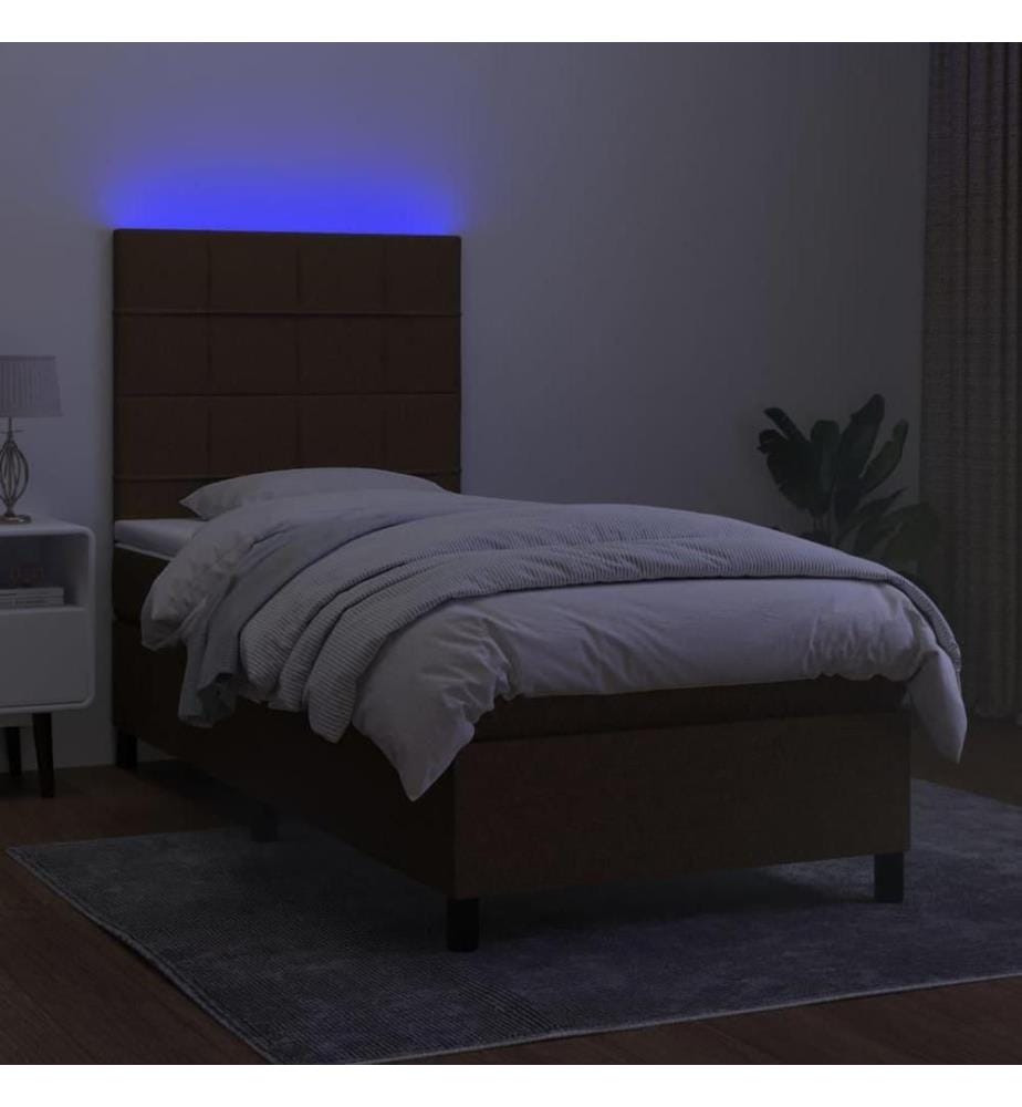 Sommier tapissier et matelas et LED Marron foncé 90x200cm Tissu