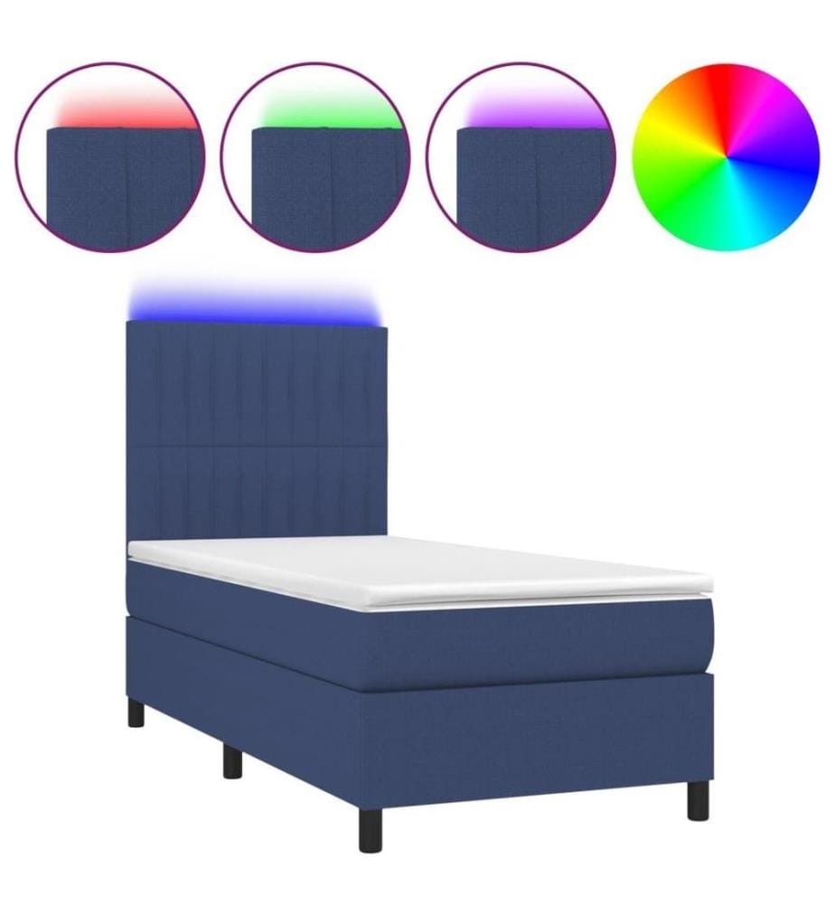 Sommier tapissier avec matelas et LED Bleu 90x200 cm Tissu
