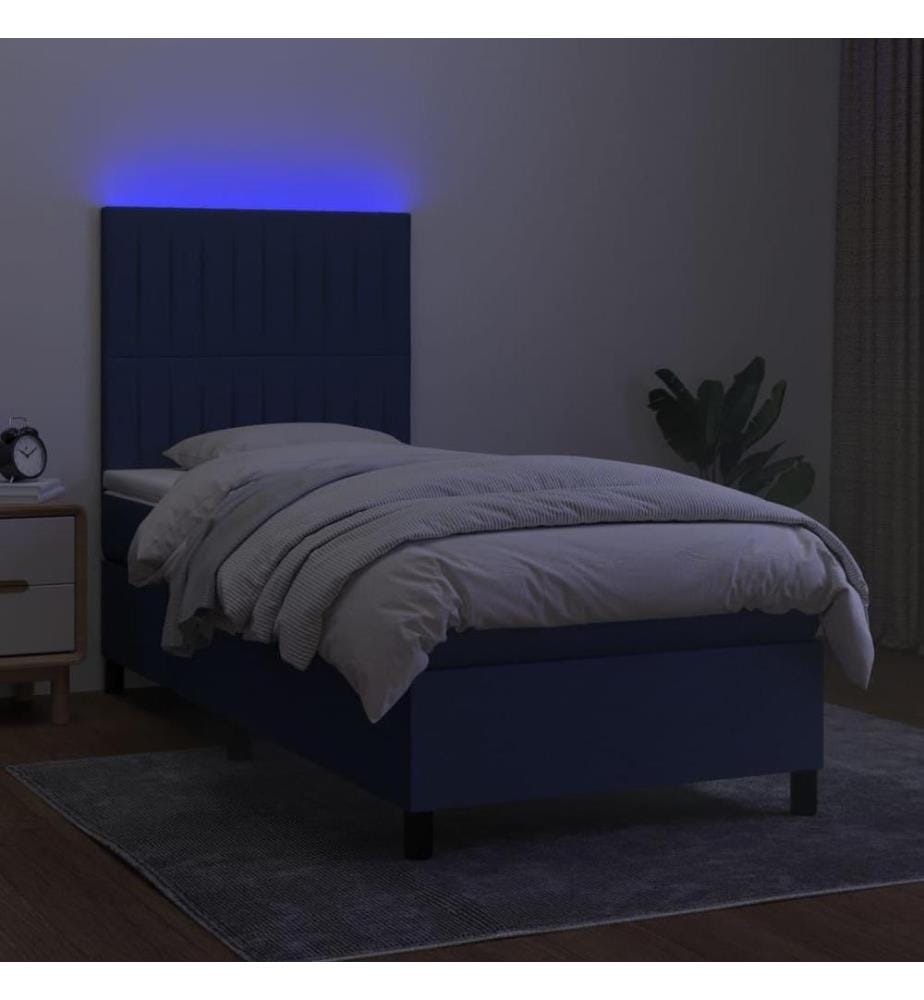 Sommier tapissier avec matelas et LED Bleu 90x200 cm Tissu