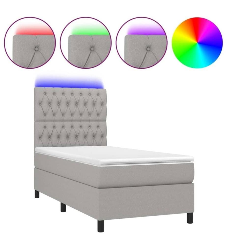 Sommier tapissier avec matelas et LED Gris clair 90x200cm Tissu