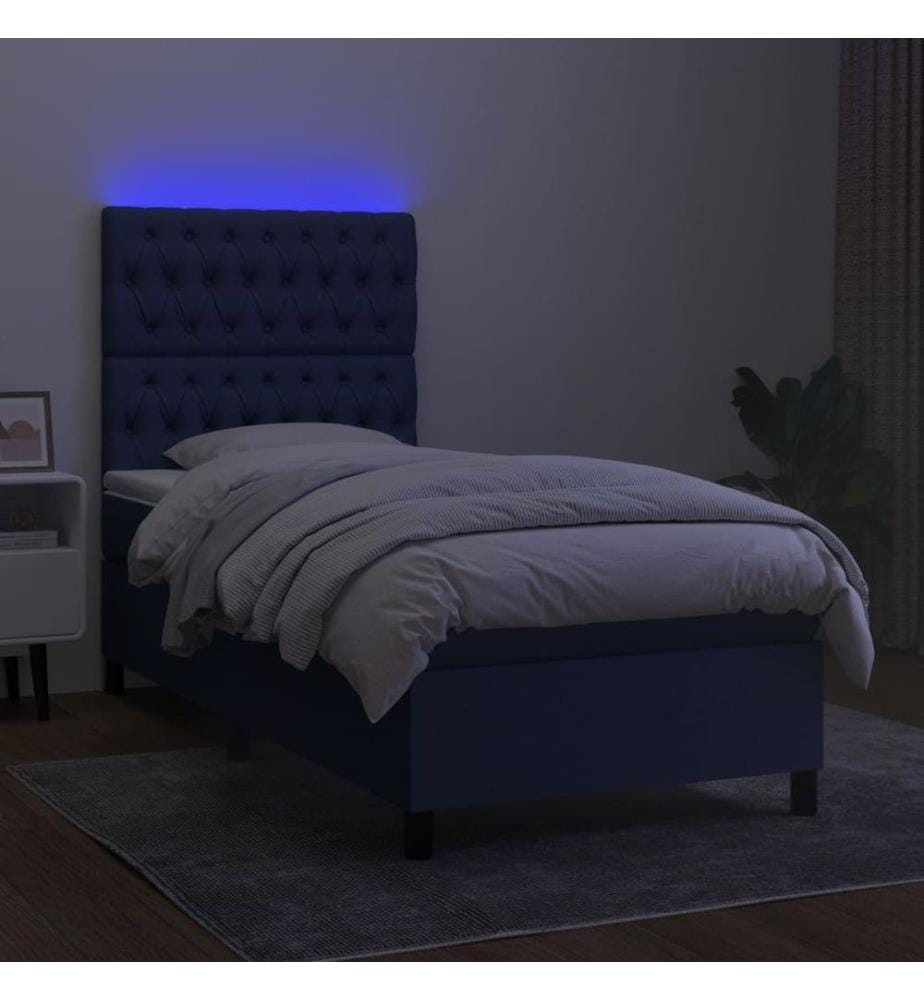 Sommier tapissier avec matelas et LED Bleu 90x200 cm Tissu