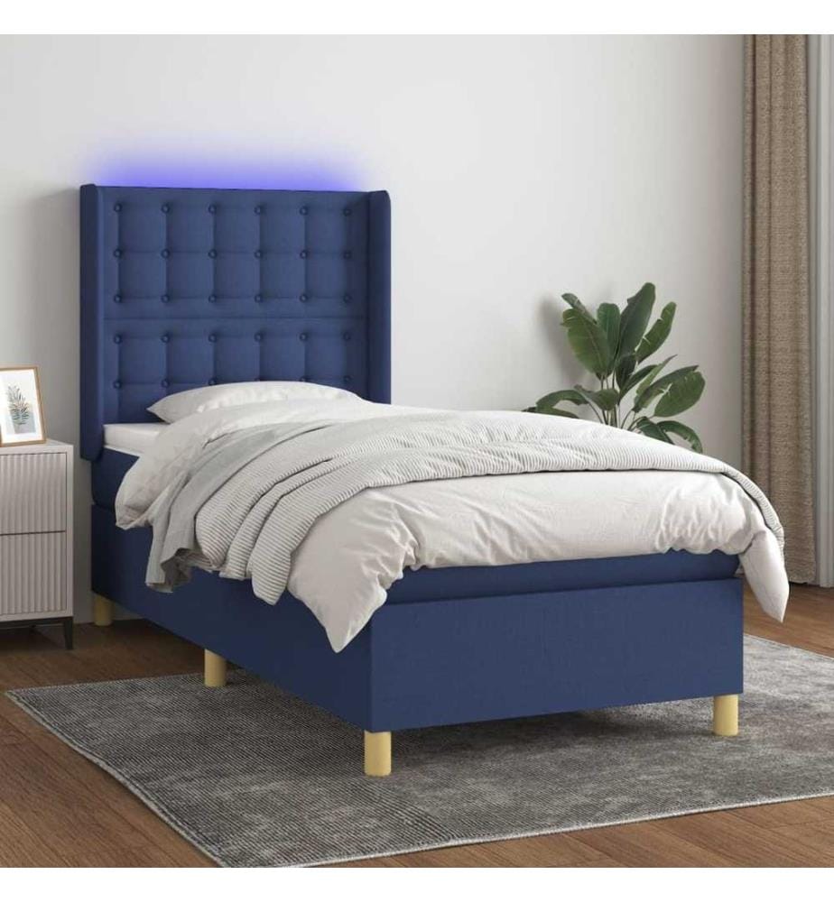Sommier tapissier avec matelas et LED Bleu 90x200 cm Tissu