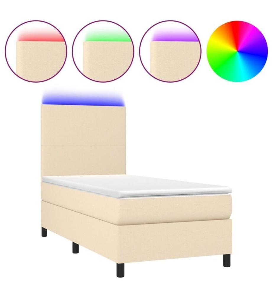Sommier tapissier avec matelas et LED Crème 90x200 cm Tissu