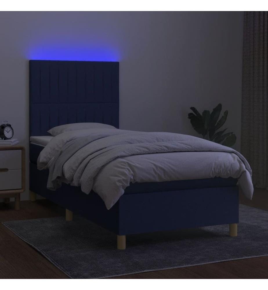 Sommier tapissier avec matelas et LED Bleu 90x190 cm Tissu