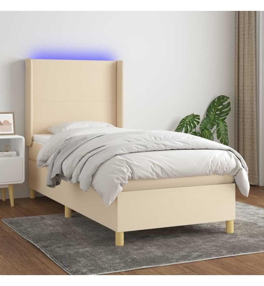 Sommier tapissier avec matelas et LED Crème 90x190 cm Tissu